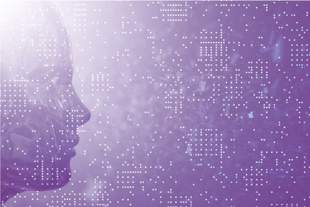 silhouette of a face over a tech grid