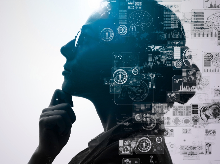 a woman has an AI grid on her face