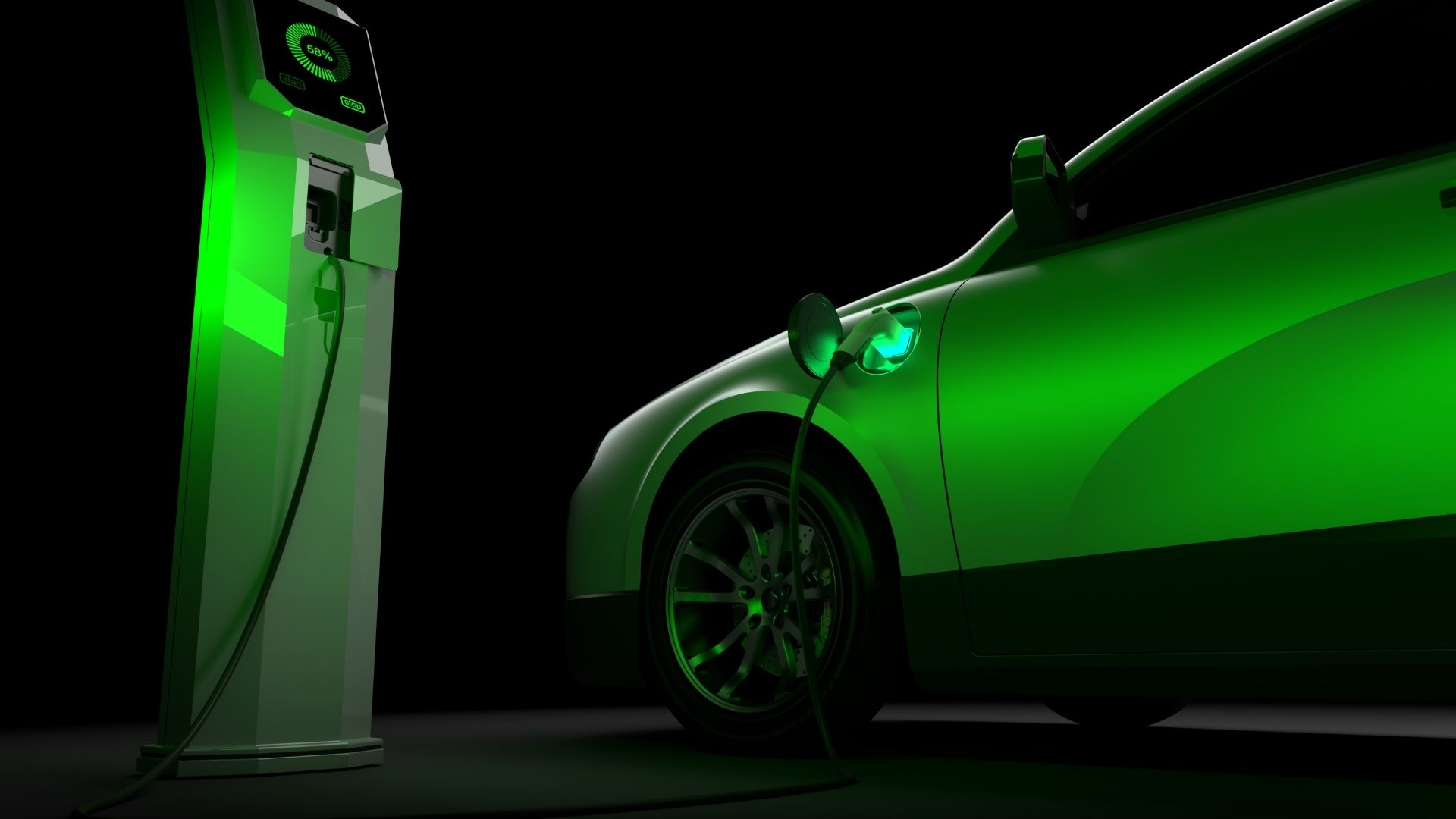 green electric vehicle at a charging station