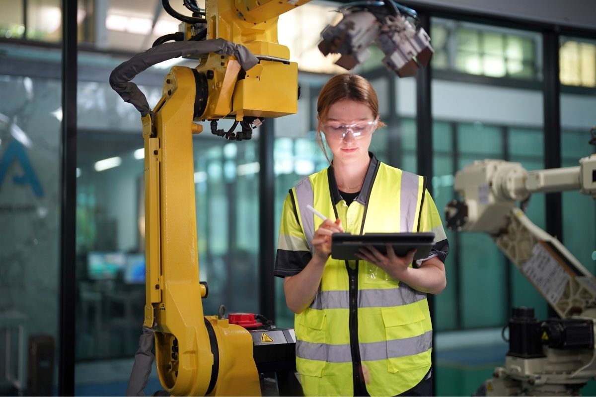 woman using engineering lab equipment