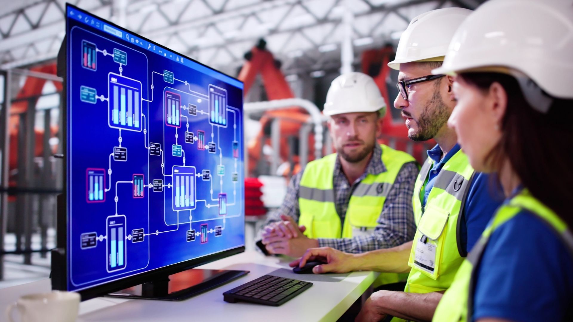 Three engineers look at a schematic on a monitor.