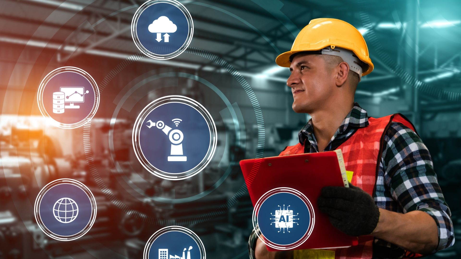 Man in a manufacturing environment with digital graphics