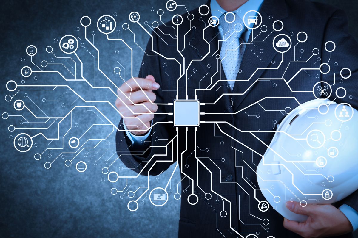 Professional holding a helmet faces a digital screen of icons.