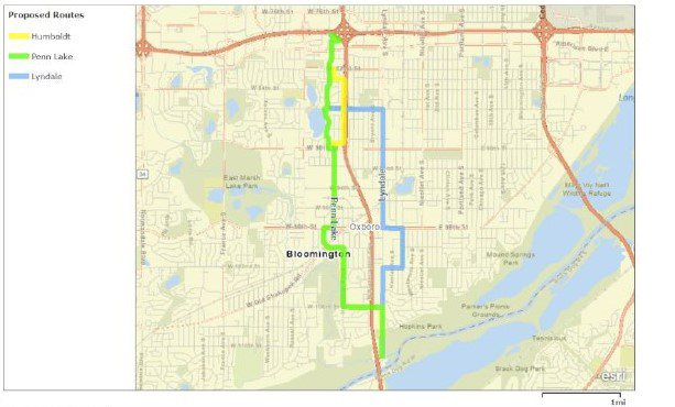 Map of potential bicycle routes considered during design phase