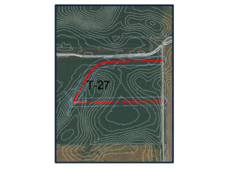 Figure 2: Turbine 27 location and access road layout over topographic map.
