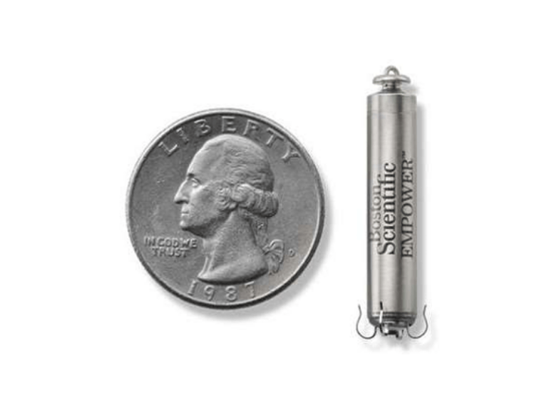 Size comparison of quarter and EMPOWER Leadless Pacemaker