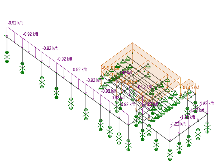 RISA-3D rendered model of proposed dealership structure with applied dead loads and boundary conditions.