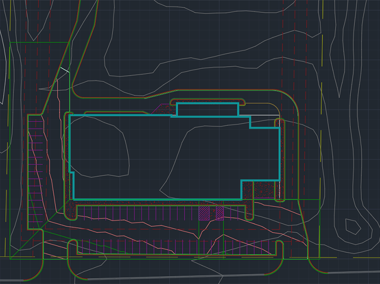 CAD model view of proposed dealership structure and site grading interaction.